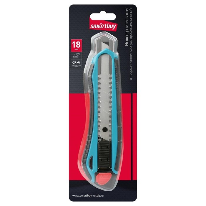 Строительный нож 18мм, отламываемое лезвие, прорезиненный корпус, металл.направл., Smart Tools SBT-KNB-18P2 - фото 1216