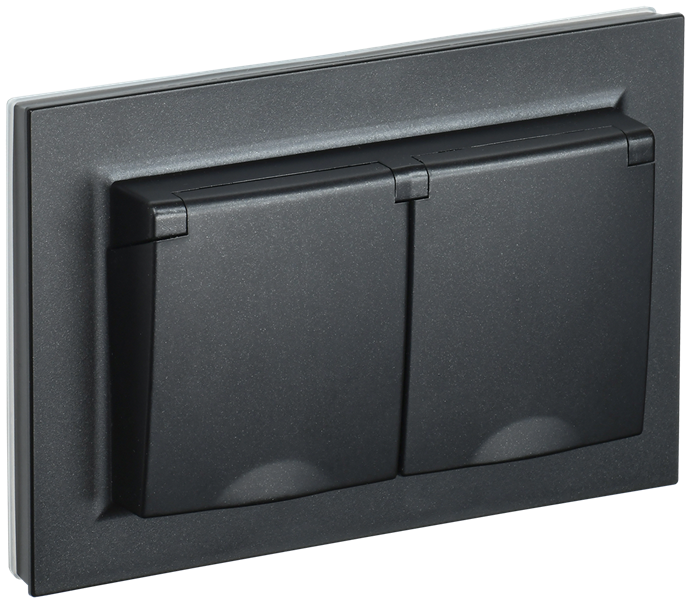 BRITE Розетка 2-местная с заземлением с защитными шторками и крышкой 16А в сборе IP44 РСбш12-3-44-БрЧ черный IEK BR-R26-16-44-K02-F - фото 425