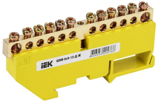Шина PE земля ШНИ 6х9 на DIN-изоляторе 12-отверстий ШНИ-6х9-12-Д-Ж IEK YNN10-69-12D-K05 - фото 6807