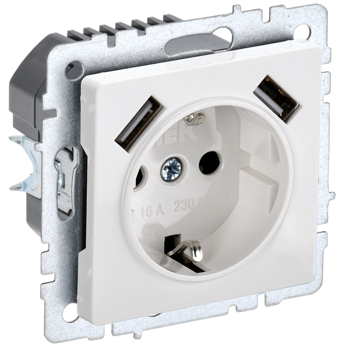 BRITE Розетка 1-местная с заземлением с защитными шторками 16А с USB A+A 5В 3,1А РЮш10-2-БрБ белый IEK BR-R14-16-U21-D31-K01 - фото 743